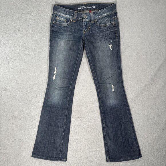 Guess Jeans Women Size 27 Daredevil Boot Cut Flare Blue Denim Jeans Distress Y2K - Picture 1 of 16